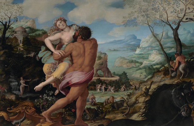 Oil painting depicting Hades forcibly abducting Persephone from her peaceful world into the Underworld