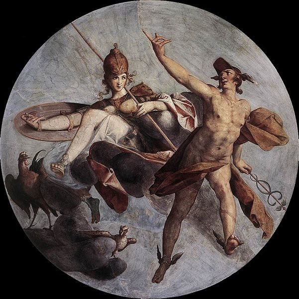 A vibrant oil painting by Bartholomeus Spranger titled "Hermes and Athena." In the scene, the swift messenger god, Hermes, adorned in a shimmering cloak and winged sandals, stands beside the regally poised goddess Athena, who holds an olive branch. The canvas is alive with vibrant hues, capturing a dynamic encounter between divine beings.
