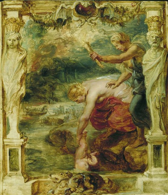 Oil painting showing the goddess of the sea, Thetis is destined to bear a son mightier than his father, Zeus. Thetis and mortal, Peleus produced their son Achilles who indeed is mightier than his father. As an infant, Achilles was dipped into the River Styx, to make his body invulnerable. Thetis held Achilles by his heel, which was not touched by the water of the river. Achilles grew up and survived many great battles. He was killed by an arrow guided by Apollo into his vulnerable spot during the Trojan War.