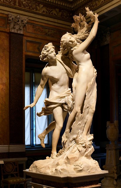 Apollo runs after Daphne, reaching out to take her in his arms. Daphne cried out in horror, and her flowing hair and outstretched fingers turned into leaves, and her legs grew into trunks planted in the earth.