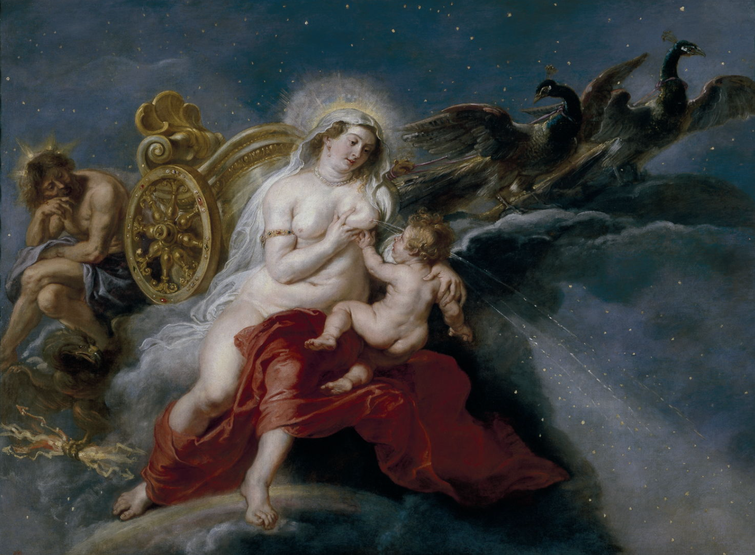 In this painting we see Hercules placed in Hera's arms so that he can suckle while she slept next to her chariot pulled by peacocks. When, in his enthusiasm, Hercules bites Hera, and she awakens and brusquely pulls him away from her. The milk spilling out of her breast turned into the Milky Way.