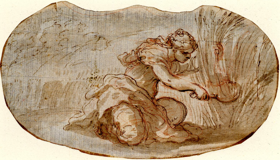A drawing of Demeter kneeling in a field and using a sickle to harvest a stalky crop. Her hair is tied back, and she pulls the crop towards her as she cuts with the other hand. Behind her there are more rows of crops with clouds gathering in the sky. The grey-brown paper it is on is cut unevenly into an oval. Demeter is sketched with a dark brown pen, with red shading.