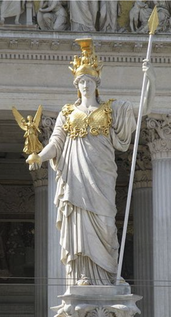 a sculpture of Athena holding a spear and the goddess of victory Nike
