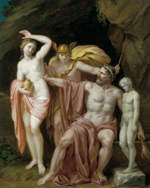 Prometheus is seated, holding a torch and has one arm extended to Pandora, on his right standing holding a pithos, as he is attempting to keep distance between Pandora and a clay statue of man, on his left. Mercury is standing behind the three looking on.