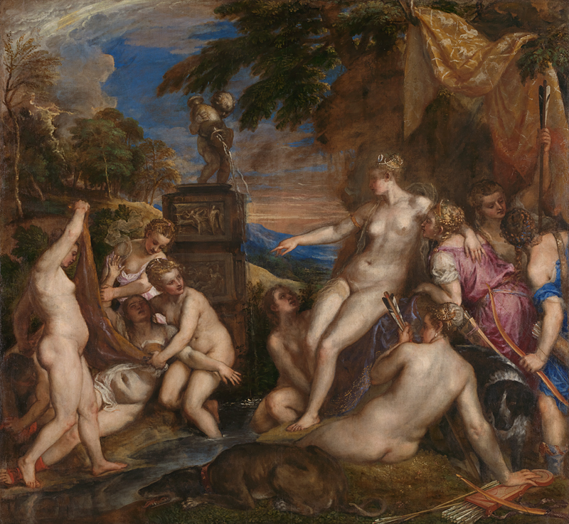 Characterized by Titian’s trademark painterly brushwork (meaning the artist’s hand is heavily visible and each brushstroke is distinct), this stunning canvas is filled with ten of Artemis’s followers, and the goddess Artemis herself. Reclined on a throne on the right hand side of the painting at the edge of the lake used for the huntresses’ bath, Artemis points a condemning finger at the sobbing, frightened nymph Callisto, who is being held down on the lower left side of the canvas while a handful of nymphs tear her clothes off her body. Most of the figures in the painting are nude or mostly undressed, but Callisto is being forced to reveal her body and, consequently, her pregnant stomach carrying Zeus’s child. The background of this emotionally charged scene is an open, green landscape and blue skies with some light white clouds. There is a golden cloth just above and slightly to the right of Artemis’s regal position as divine judge that acts as a canopy over the huntresses watching the scene unfold.