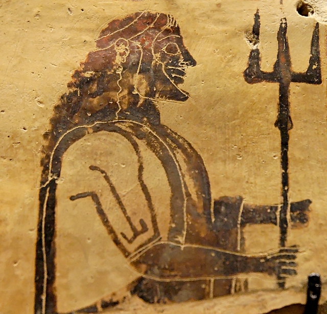 Poseidon and his Trident discovered as a Corinthian plaque part of the Pinakes of Penteskouphia.