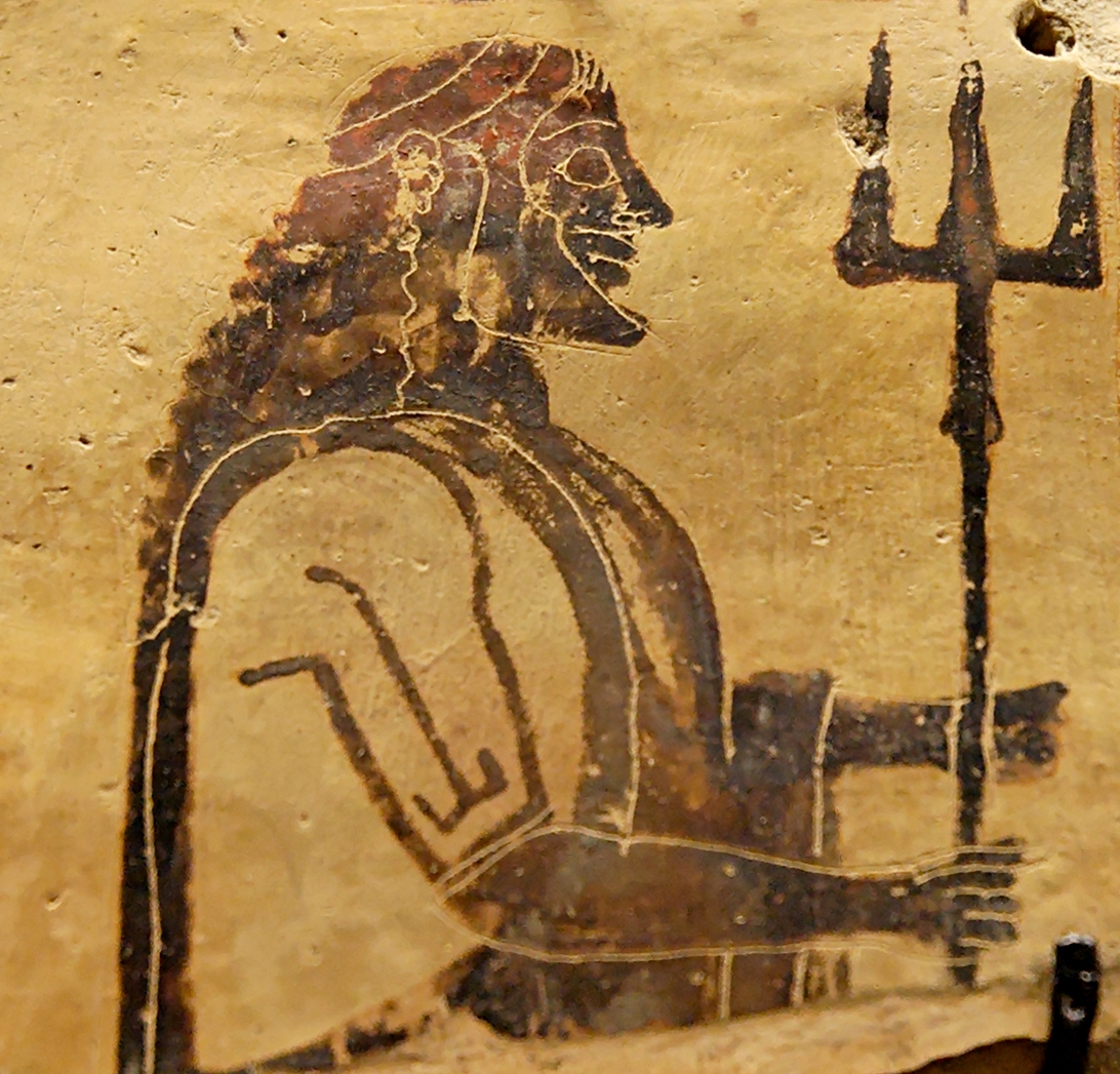 Poseidon and his Trident discovered as a Corinthian plaque part of the Pinakes of Penteskouphia.
