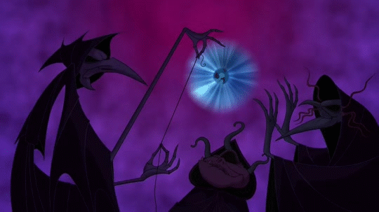 The GIF of the fates from Hercules, Clotho, Atropos, and Lachesis are seen in a beautiful foglike background with the colors of purple and pink. Purple being most of the background with a bit of pink in the middle of the fates. A glowing orb surrounded by the color blue is seen in the middle of fates right above the fate Atropos. The floating orb happens to be their one shared eyeball. Atropos is the shortest between the three of them, her head is sort of the shape of a deformed oval with three tentacles connected to them. Two on the sides of her head and one right on top of it. She also only has one eye socket with a very wide mouth filled with sharp teeth and she can be seen giving a mischievous smile. The fate on the left is known as Clotho and she is seen holding and sort of stretching a thread, known as the thread of life. Her features include long bony arms and fingers with a very prominent long and pointy nose. She unlike Clotho, has two eye sockets with a small but pointy nose. Clotho also happens to be the tallest out of the three. The last fate is seen all the way to the right, Lachesis, with her hands slightly waving in the air out of amusement. Her feature includes a very long and pointy chin with a couple wavy hairs, three on each side of her head. He also has two eye sockets with a pointy nose. A thing to add is that all of the fates also have on black coats with the hood part on their head. So, to sum it all up, the movie Hercules portrays the three fates with having very prominent features. Clotho with her long and pointy nose, Atropos with her one eye socket and large mouth with pointy teeth, and finally Lachesis with her very long and pointy chin.