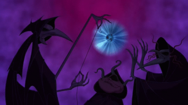 The GIF of the fates from Hercules, Clotho, Atropos, and Lachesis are seen in a beautiful foglike background with the colors of purple and pink. Purple being most of the background with a bit of pink in the middle of the fates. A glowing orb surrounded by the color blue is seen in the middle of fates right above the fate Atropos. The floating orb happens to be their one shared eyeball. Atropos is the shortest between the three of them, her head is sort of the shape of a deformed oval with three tentacles connected to them. Two on the sides of her head and one right on top of it. She also only has one eye socket with a very wide mouth filled with sharp teeth and she can be seen giving a mischievous smile. The fate on the left is known as Clotho and she is seen holding and sort of stretching a thread, known as the thread of life. Her features include long bony arms and fingers with a very prominent long and pointy nose. She unlike Clotho, has two eye sockets with a small but pointy nose. Clotho also happens to be the tallest out of the three. The last fate is seen all the way to the right, Lachesis, with her hands slightly waving in the air out of amusement. Her feature includes a very long and pointy chin with a couple wavy hairs, three on each side of her head. He also has two eye sockets with a pointy nose. A thing to add is that all of the fates also have on black coats with the hood part on their head. So, to sum it all up, the movie Hercules portrays the three fates with having very prominent features. Clotho with her long and pointy nose, Atropos with her one eye socket and large mouth with pointy teeth, and finally Lachesis with her very long and pointy chin.   