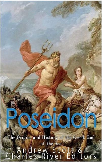 On the book cover is Poseidon carrying a trident by the sea. Poseidon was known as the Greek God of the Sea.