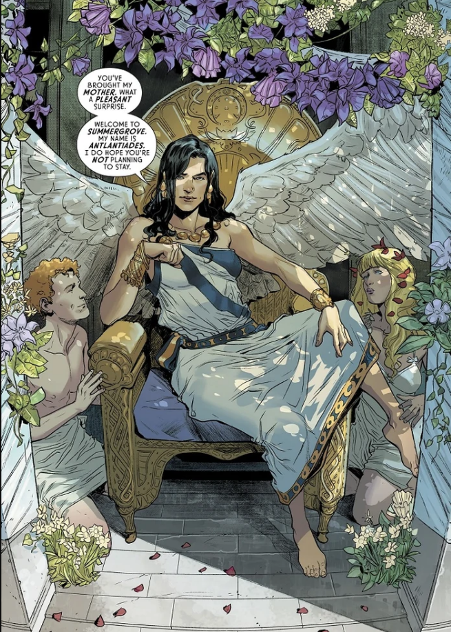 Atlantiades, known as Hermaphroditus in Classical Greek Mythology, sits on a golden throne. They are framed by foliage, including purple lilac-looking flowers with green leaves and small white flowers. Atlantiades has black hair and tan skin, and is very nonchalant in posture, with one leg kicked over an arm of the throne, and leaning their elbow on the other arm. Their impressive white wings are spread to either side of them. They wear a white toga with blue fabric diagonally across their torso and a blue and yellow belt. There is also blue and yellow trim on the hem of the toga. They have a necklace of large golden beads, earrings, and large gold bracelets. To either side of the throne leans a person who looks upon Atlandiades with worshiping eyes. To the left is a man with curly ginger hair, and to the right is a woman with shoulder-length blonde hair. They both wear a revealing white toga. 
