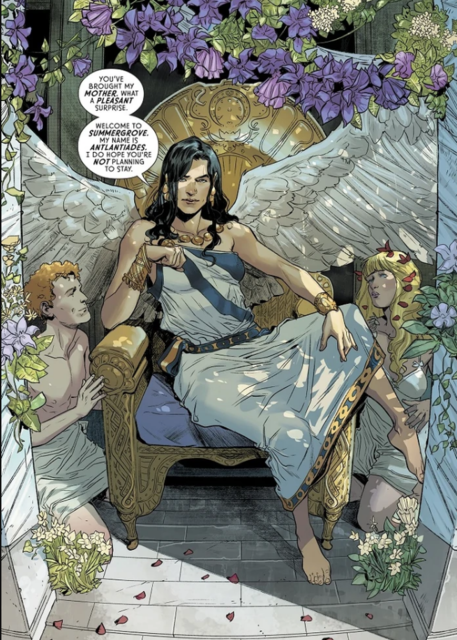 Atlantiades, known as Hermaphroditus in Classical Greek Mythology, sits on a golden throne. They are framed by foliage, including purple lilac-looking flowers with green leaves and small white flowers. Atlantiades has black hair and tan skin, and is very nonchalant in posture, with one leg kicked over an arm of the throne, and leaning their elbow on the other arm. Their impressive white wings are spread to either side of them. They wear a white toga with blue fabric diagonally across their torso and a blue and yellow belt. There is also blue and yellow trim on the hem of the toga. They have a necklace of large golden beads, earrings, and large gold bracelets. To either side of the throne leans a person who looks upon Atlandiades with worshiping eyes. To the left is a man with curly ginger hair, and to the right is a woman with shoulder-length blonde hair. They both wear a revealing white toga.