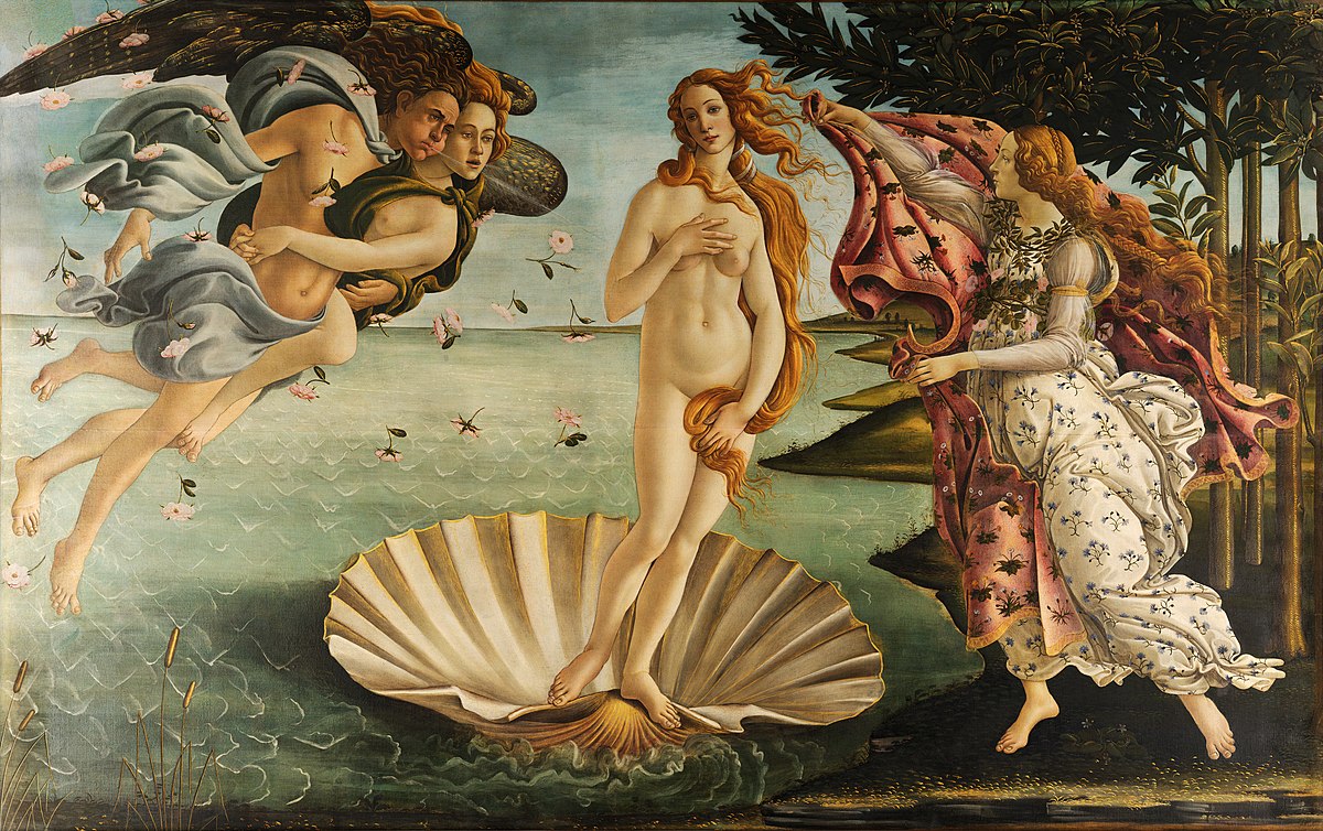 Aphrodite is depicted as the epitome of beauty and grace with her smooth skin and flowing hair; she has been blown to shore and is carried towards the land by the god of the west wind. Flowers fall from above to celebrate the arrival of the goddess.