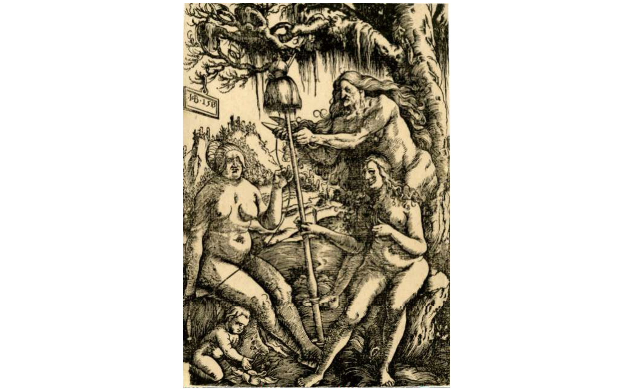 This paining depicts the three fates with Clotho sitting on the far left holding the thread of life with Atropos cutting it standing in the middle and Lachesis sitting on the furthest right holding the spool. The three women have prominent bare chests and wear devilish, scary faces.