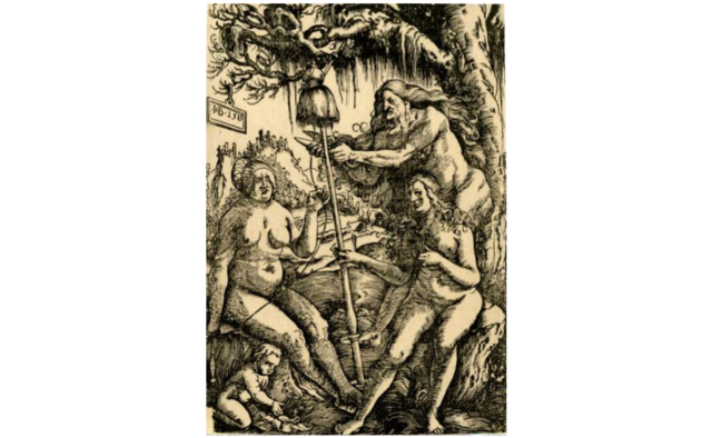 This paining depicts the three fates with Clotho sitting on the far left holding the thread of life with Atropos cutting it standing in the middle and Lachesis sitting on the furthest right holding the spool. The three women have prominent bare chests and wear devilish, scary faces.