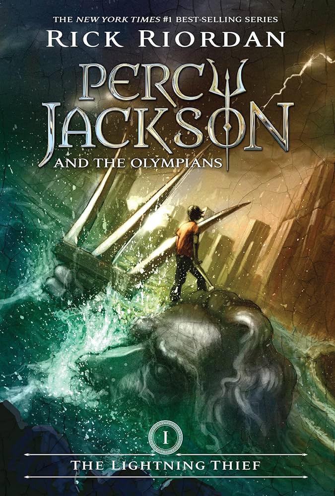 Percy Jackson stands on the arm of a giant stone statue of Poseidon emerging from stormy ocean waters, holding a trident, with a modern city skyline visible in the background.