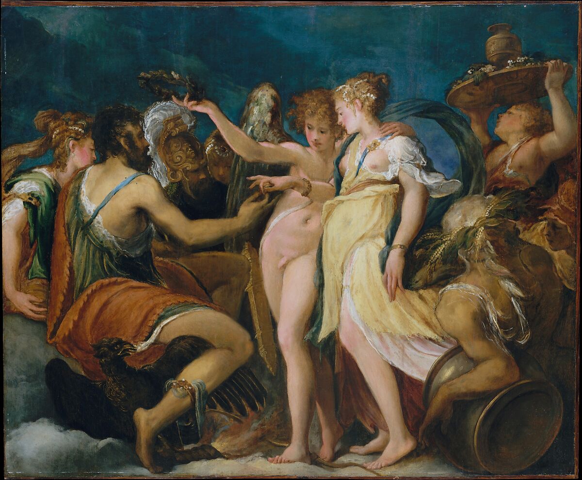 The painting, 'The Marriage of Cupid and Psyche' by Andrea Schiavone, portrays a vibrant mythological gathering. The figures, clothed in classical attire with rich, flowering draperies, are arranged in a semi-circle. Cupid and Psyche are lat the center, engagging in a matrimonial ritual. The use of color is dramatic, with deep blues in the background and warm tones highlighting the skin and fabrics. The composition is lively and filled with motion, capturing a moment of mythical storytelling through visual art. 